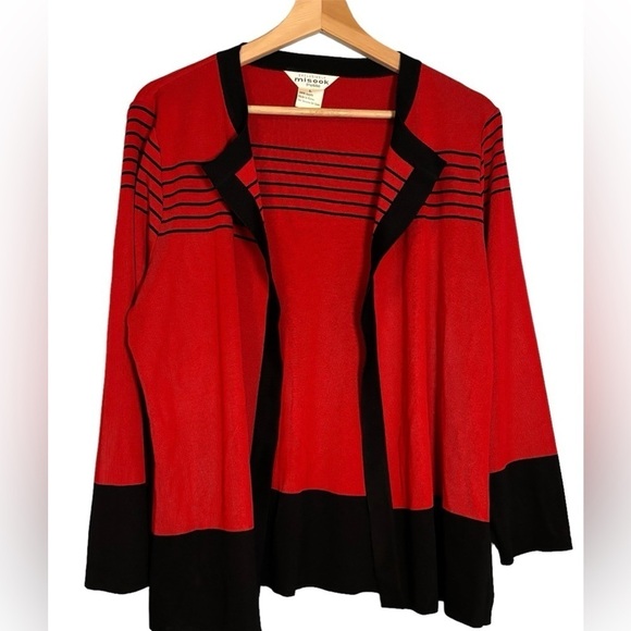 Misook Women's Red Black Stripe Open Front‎ Contemporary Cardigan Size Large - Picture 1 of 10